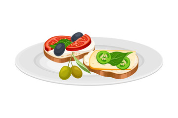 Sandwiches with Cheese, Olives and Tomatoes as Spanish Cuisine Dish Served on Plate Vector Illustration