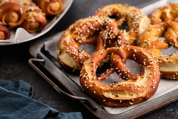 Homemade whole meal pretzels with sesame and salt. Oktoberfest.