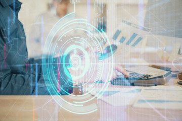 Multi exposure of tech drawings with man working on computer background. Concept of innovation.