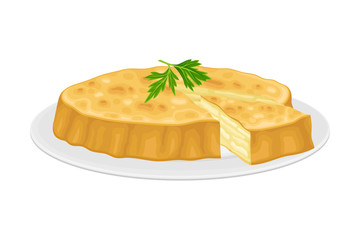 Pie with Savory Stuffing as Spanish Cuisine Dish Served on Plate Vector Illustration