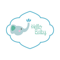 baby shower frame card with elephant and hello baby lettering hand draw style