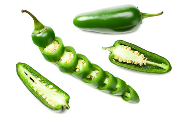 sliced jalapeno peppers isolated on white background. Green chili pepper. Capsicum annuum. top view