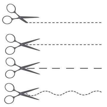 Scissors cut a sheet of paper along dotted lines of different shapes: straight, wavy. Cut out the liner, krupon along the cutting line. Sharp scissors, stationery for school.
Vector image.