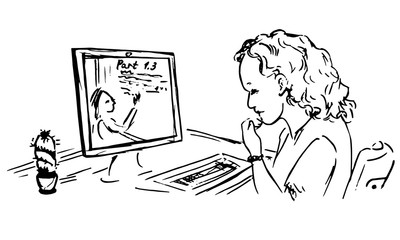 Girl sitting at home and studying lessons online on computer, table with cactus, side view, hand drawn ink doodle, sketch, black and white vector illustration