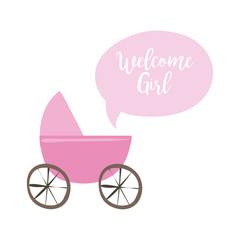 Fototapeta na wymiar baby shower card with cart and welcome girl lettering hand draw style