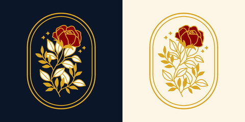 Vector feminine logo design templates in trendy linear minimal style. Peony, rose flowers and botanical leaf branch. Emblem, symbols and icons for cosmetics, jewellery, beauty and handmade products