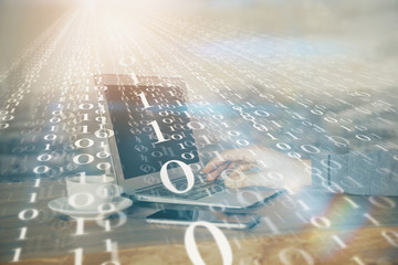 Multi exposure of technology hologram with man working on computer background. Concept of big data.