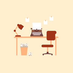 Writers desk with typewriter. Retro printing equipment with blank sheet comfortable chair and lamp on table trash can full of wasted crumpled paper creative mechanical vector journalism.