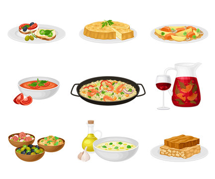 Spanish Cuisine with Rice and Meat Dishes Served on Plates Vector Set