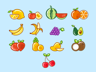 Set of fruits illustration in flat style. Healthy food isolated vector.  