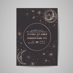Save the Date Luxury Card, Wedding Celestial Invitation with Moon and Starry sky with Gold Foil Frame