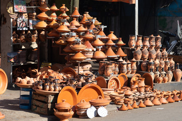 Ceramic stall selling dishes and tagine in traditional style Casablanca Morocco