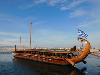 December 2018, Faliro, Athens, Greece. Stern view of a trireme, ancient warship full scale replica....