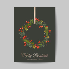 Elegant Merry Christmas and New Year 2021 Cards with Pine Branches, Holy Berry, Mistletoe, Winter floral plants design