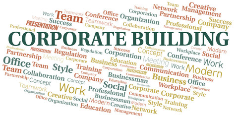 Corporate Building vector word cloud, made with text only.