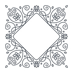 Ornate frame of swirling lines, rhombus, circles, dots and silhouettes of flower buds.