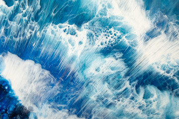 Alcohol ink water. Marble texture. Blue sky with white clouds effect. Smeared liquid paint surface....