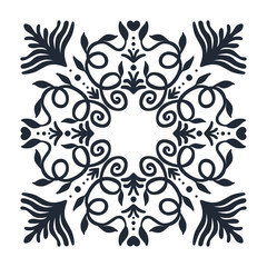 Ornate frame of swirling lines, circles, dots and silhouettes of flower buds.