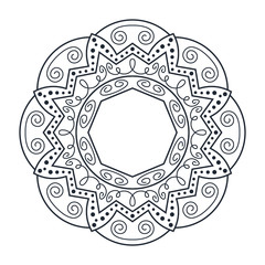 Circle pattern frame of swirling lines, dots and circles forming silhouettes of geometric flowers. Illustration for coloring.
