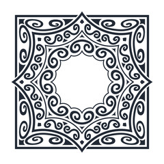 Ornate square frame of swirling lines and other geometric forms.