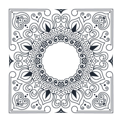 Ornate frame of swirling lines, circles, dots, hearts and silhouettes of flower buds.