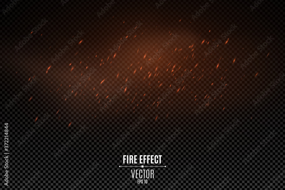 Poster fire cloud effect with particles on a transparent dark background. the flame sparkles and smoke. vec