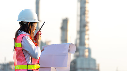 Industry Safety. The people worker women engineer work control at power plant energy industry...
