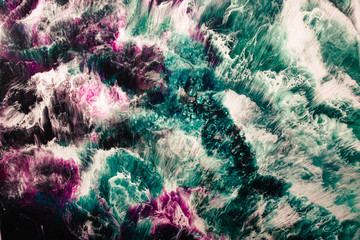 Colorful acrylic ink. Marble texture. Teal green purple white gradient streak bubble water wave effect. Abstract undersea coral reef design. Creative mineral stone art background.