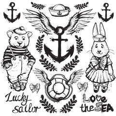 Fototapeta premium Hand drawn sailor animals coloring book characters and accessories. Bear boy and bunny girl with marine anchors.
