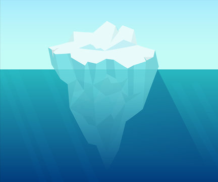 Iceberg in ocean. Underwater block of ice floating from arctic cold compressed snow global climate warming northern water landscape huge white polygon on blue background vector water.