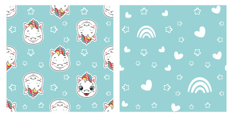 Set seamless pattern with happy unicorns and stars on blue background. Design for kids
