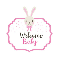 baby shower frame card with rabbit and welcome baby lettering hand draw style