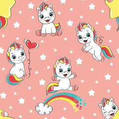 Baby seamless pattern. Seamless pattern with happy unicorns on pink background