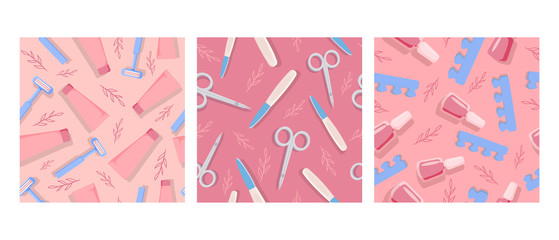 Pedicure and manicure tools seamless pattern. Scissors and files for nail stylish care beauty and hygiene in cosmetology relaxing dermatological treatments and relaxation beauty vector.