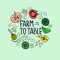 Healthy farm food concept. Fresh fruit and vegetables concept. Veganism concept. Circular decoration witth hand drawn fruit and vegetables. Hand lettering