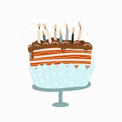 Cake with candles. Happy Birthday , hand-drawn illustration. Anniversary celebration. Vector for design t-shirts typography cards and posters.