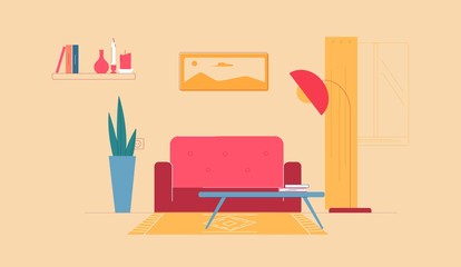 Home interior for rest and work. Comfortable red sofa with soft upholstery coffee table books and large lamp for full lighting long green houseplant bush stylish vector landscape painting.