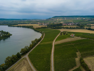 Fototapeta na wymiar Aerial of Breitenauer See (Lake Breitenau) at Loewenstein, Germany - the lake is closed for the public during the Corona Pandemic in August 2020.