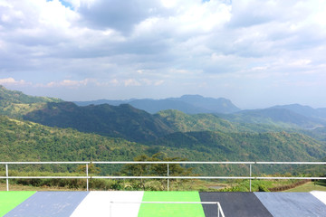 Balcony view overlooking the mountain landscape During Sunny Day,Background with mountain landscape.