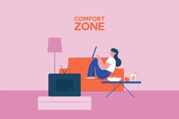 Comfortable work area illustration. Cozy place for freelancer female character on couch with laptop is comfortably located vector workspace for relaxation.