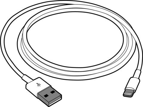 Professional vector illustration of a Lightning cable charger - Line Drawing, Black and White, technology