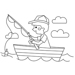 Coloring Page Outline Of a Boy fisherman with a fishing rod in boat. Coloring book for kids.