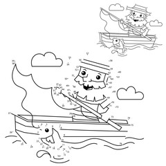 Numbers game for kids. Coloring Page Outline Of a  fisherman with a fishing rod in boat. Coloring book for children.