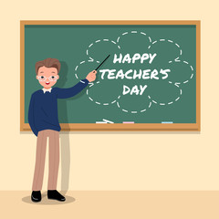 Happy world teacher's day. Male teacher in a class room pointing at chalk board. Gratitude. Thank you teacher. School flat vector design.