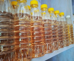 Petroleum residue Tarpeen oil bottles arranged in shop