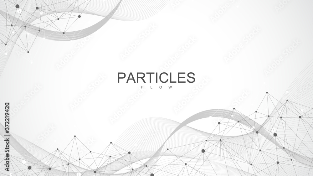 Fototapete Abstract scientific background with dynamic particles, wave flow. Plexus stream background. 3D data visualization with fractal elements. Cyberpunk style. Digital vector illustration