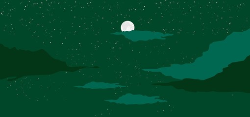 Moon on night green background. Northern lights bright space landscape with mystical clouds galactic luminous infinity constellations and nebula in moon vector light beautiful astronomical.