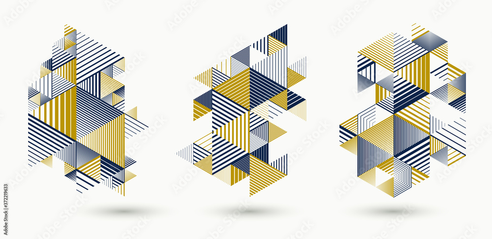 Poster linear striped abstract vector dimensional 3d backgrounds set with isolated retro style graphic elem