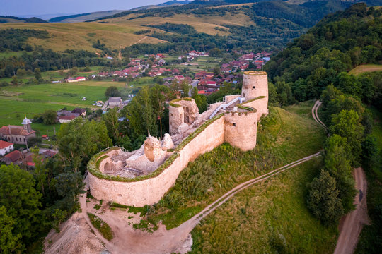 Bologa,Cluj/Romania-07.07.2019:Bologa medieval fortress undergoing a process of reconstruction based on funds received from the European Union. You can see how it has been destroyed over time