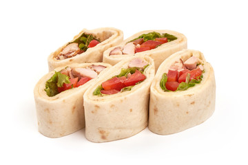 Chicken and vegetables wrapped in a tortilla, isolated on white background